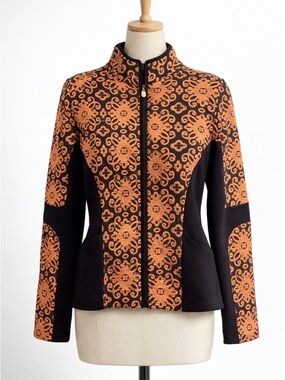 Sahalie Jacquard Zip Up Jacket Medium Black Tan Knit Statement Jacket